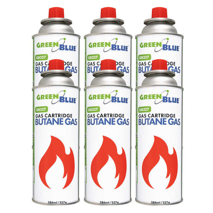 6 x 227g GreenBlue gas cartridges. Certification: Pi 0875, compliant with EN 417, butane, operating range: -10°C to +40°C, GB227
