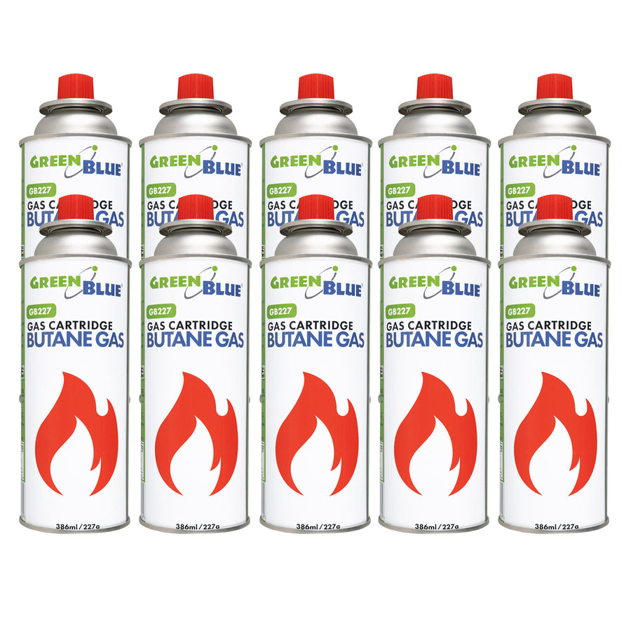 10 GreenBlue 227g gas cartridges. Certification: Pi 0875, compliant with EN 417, butane, operating range: -10°C to +40°C, GB227