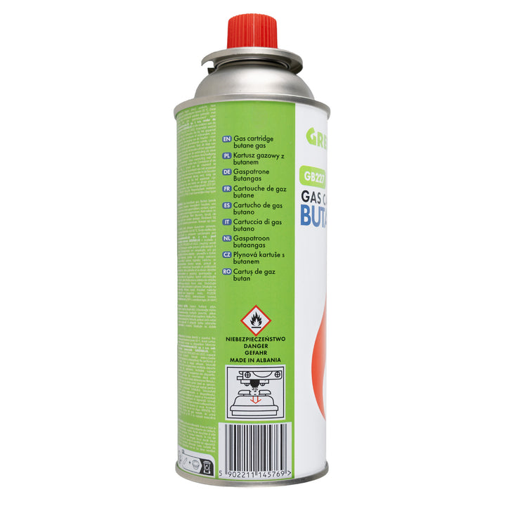 12 x 227g GreenBlue gas cartridges. Certification: Pi 0875, compliant with EN 417, butane, operating range: -10°C to +40°C, GB227