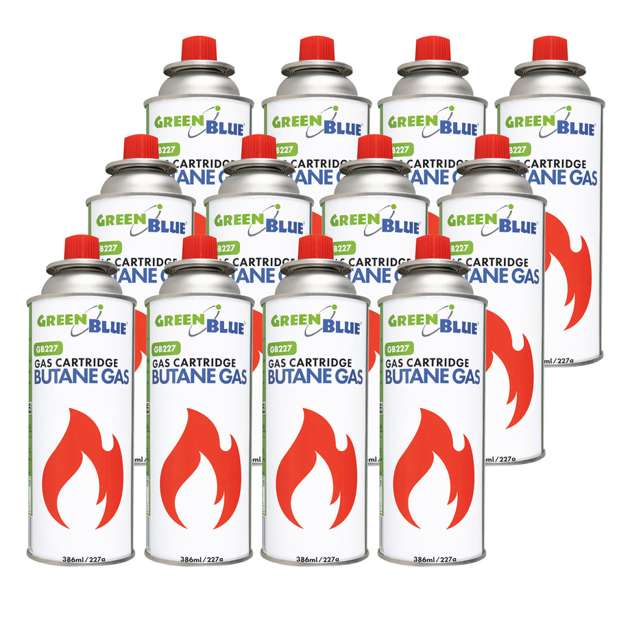 12 GreenBlue 227g gas cartridges. Certification: Pi 0875, compliant with EN 417, butane, operating range: -10°C to +40°C, GB227