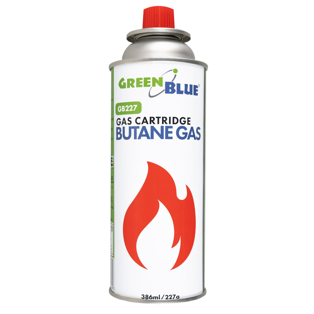 14 x 227g GreenBlue gas cartridges. Certification: Pi 0875, compliant with EN 417, butane, operating range: -10°C to +40°C, GB227