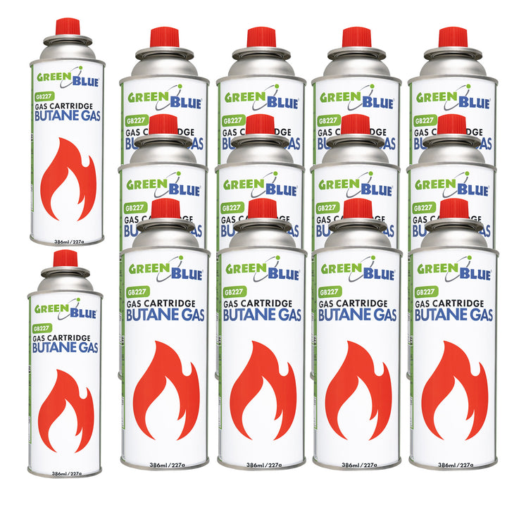 14 x 227g GreenBlue gas cartridges. Certification: Pi 0875, compliant with EN 417, butane, operating range: -10°C to +40°C, GB227