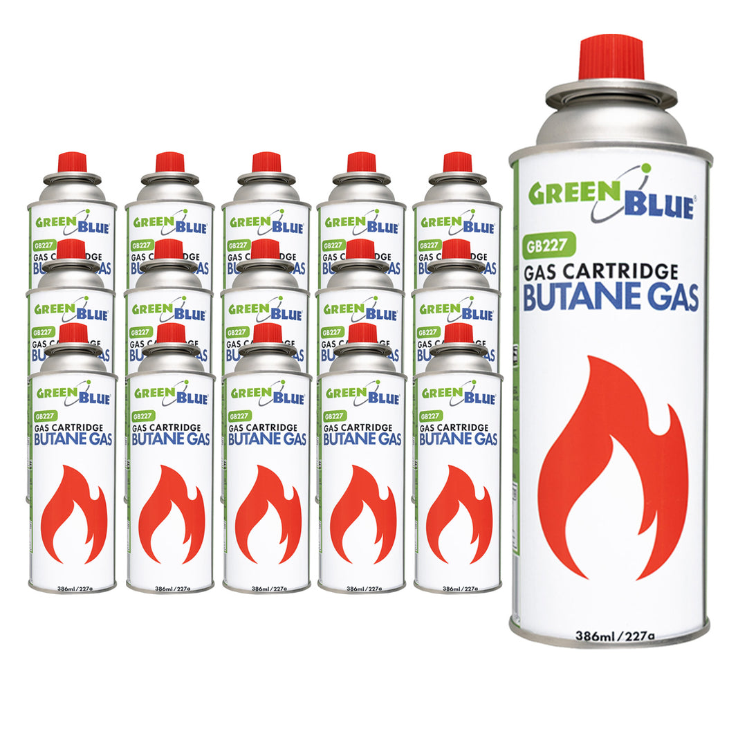 16 x 227 g GreenBlue gas cartridges. Certification: Pi 0875, compliant with EN 417, butane, operating range: -10°C to +40°C, GB227