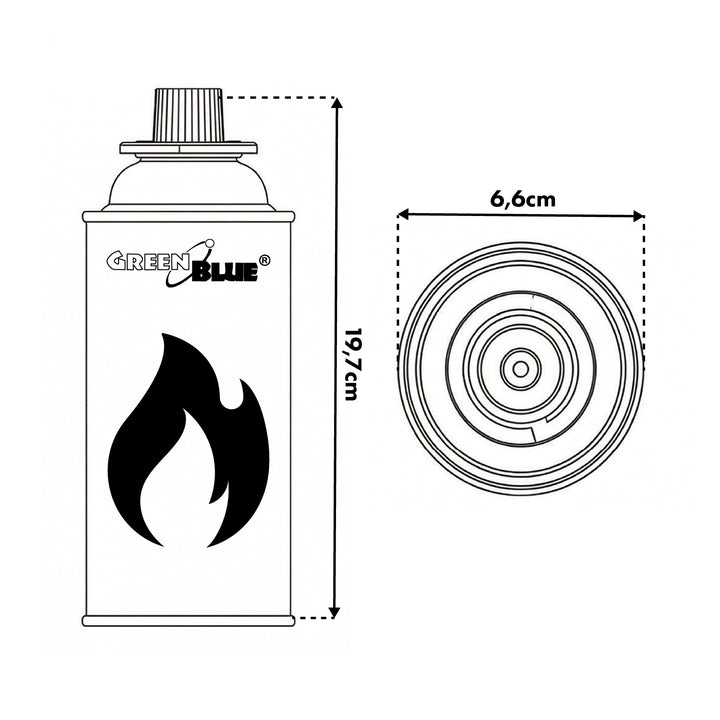 18 x 227g GreenBlue gas cartridges. Certification: Pi 0875, compliant with EN 417, butane, operating range: -10°C to +40°C, GB227