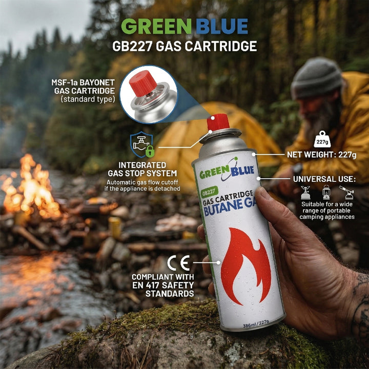 18 x 227g GreenBlue gas cartridges. Certification: Pi 0875, compliant with EN 417, butane, operating range: -10°C to +40°C, GB227