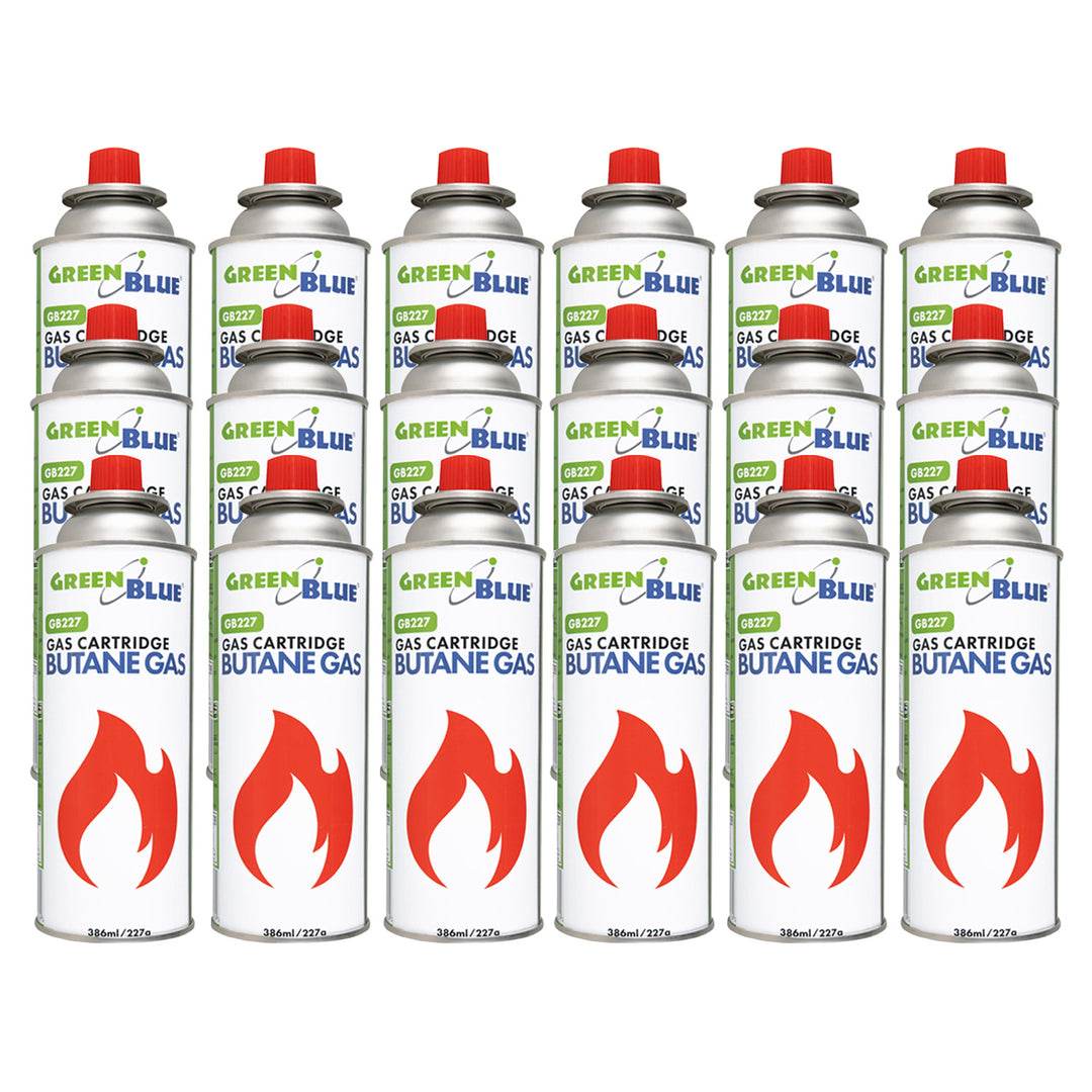 18 x 227g GreenBlue gas cartridges. Certification: Pi 0875, compliant with EN 417, butane, operating range: -10°C to +40°C, GB227