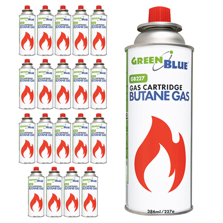 20 GreenBlue 227g gas cartridges. Certification: Pi 0875, compliant with EN 417, butane, operating range: -10°C to +40°C, GB227
