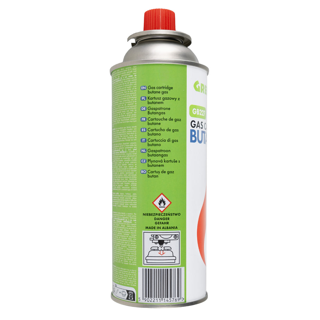 28x GreenBlue 227g gas cartridge. Certification: Pi 0875, compliant with EN 417, butane, operating range: -10°C to +40°C, GB227