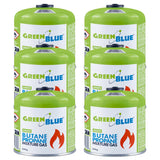 6 x 500g GreenBlue gas cartridges. Certification: Pi 0437, compliant with EN 417, butane-propane, operating temperature range: -10°C to +40°C, 7/16'' threaded valve GB499