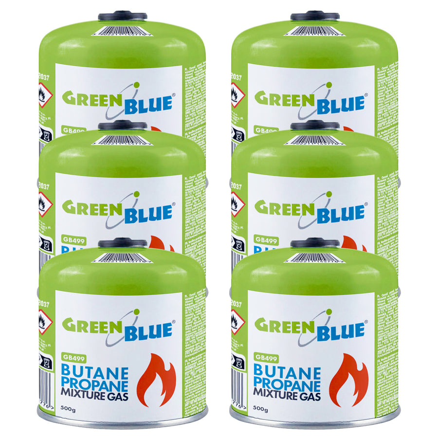 6 x 500g GreenBlue gas cartridges. Certification: Pi 0437, compliant with EN 417, butane-propane, operating temperature range: -10°C to +40°C, 7/16'' threaded valve GB499