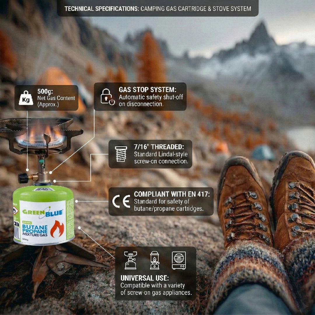 8 x 500g GreenBlue gas cartridges. Certification: Pi 0437, compliant with EN 417, butane-propane, operating temperature range: -10°C to +40°C, 7/16'' threaded valve GB499