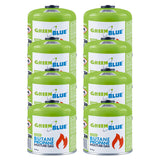 8 x 500g GreenBlue gas cartridges. Certification: Pi 0437, compliant with EN 417, butane-propane, operating temperature range: -10°C to +40°C, 7/16'' threaded valve GB499