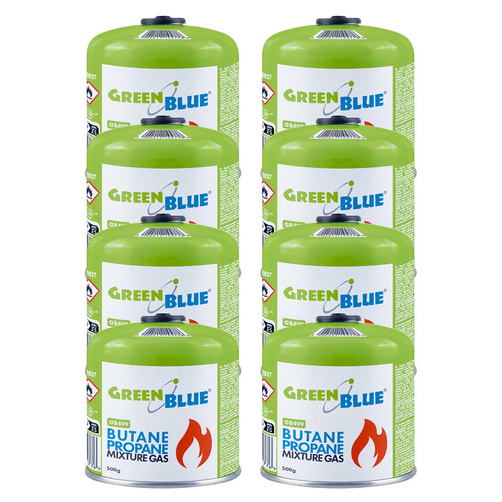 8 x 500g GreenBlue gas cartridges. Certification: Pi 0437, compliant with EN 417, butane-propane, operating temperature range: -10°C to +40°C, 7/16'' threaded valve GB499