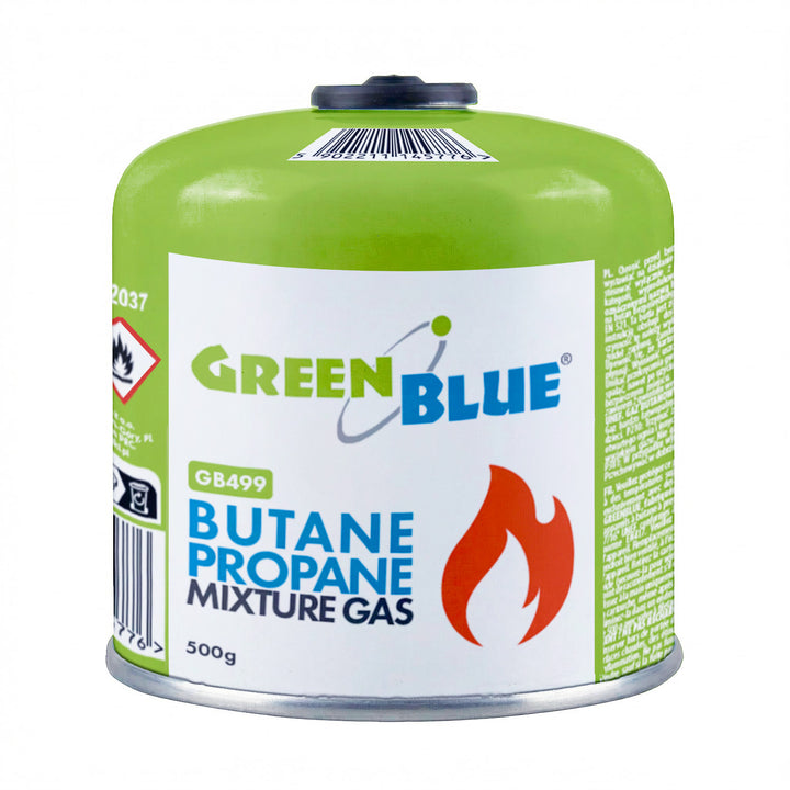 10 x 500g GreenBlue gas cartridges. Certification: Pi 0437, compliant with EN 417, butane-propane, operating temperature range: -10°C to +40°C, 7/16'' threaded valve GB499