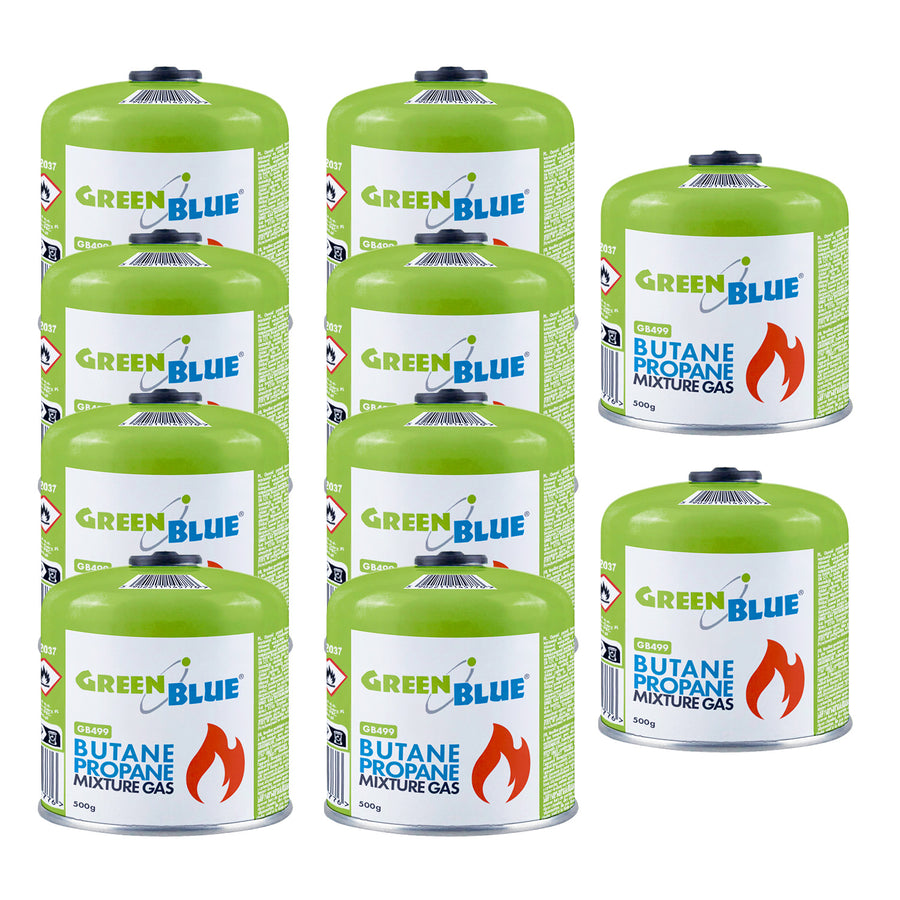 10 x 500g GreenBlue gas cartridges. Certification: Pi 0437, compliant with EN 417, butane-propane, operating temperature range: -10°C to +40°C, 7/16'' threaded valve GB499
