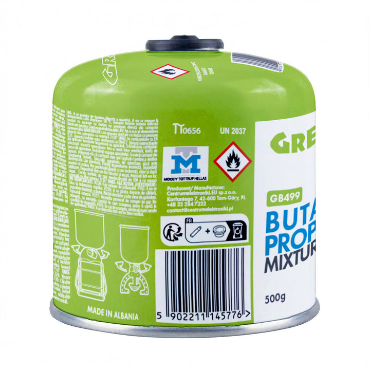 12 x 500g GreenBlue gas cartridges. Certification: Pi 0437, compliant with EN 417, butane-propane, operating temperature range: -10°C to +40°C, 7/16" threaded valve GB499