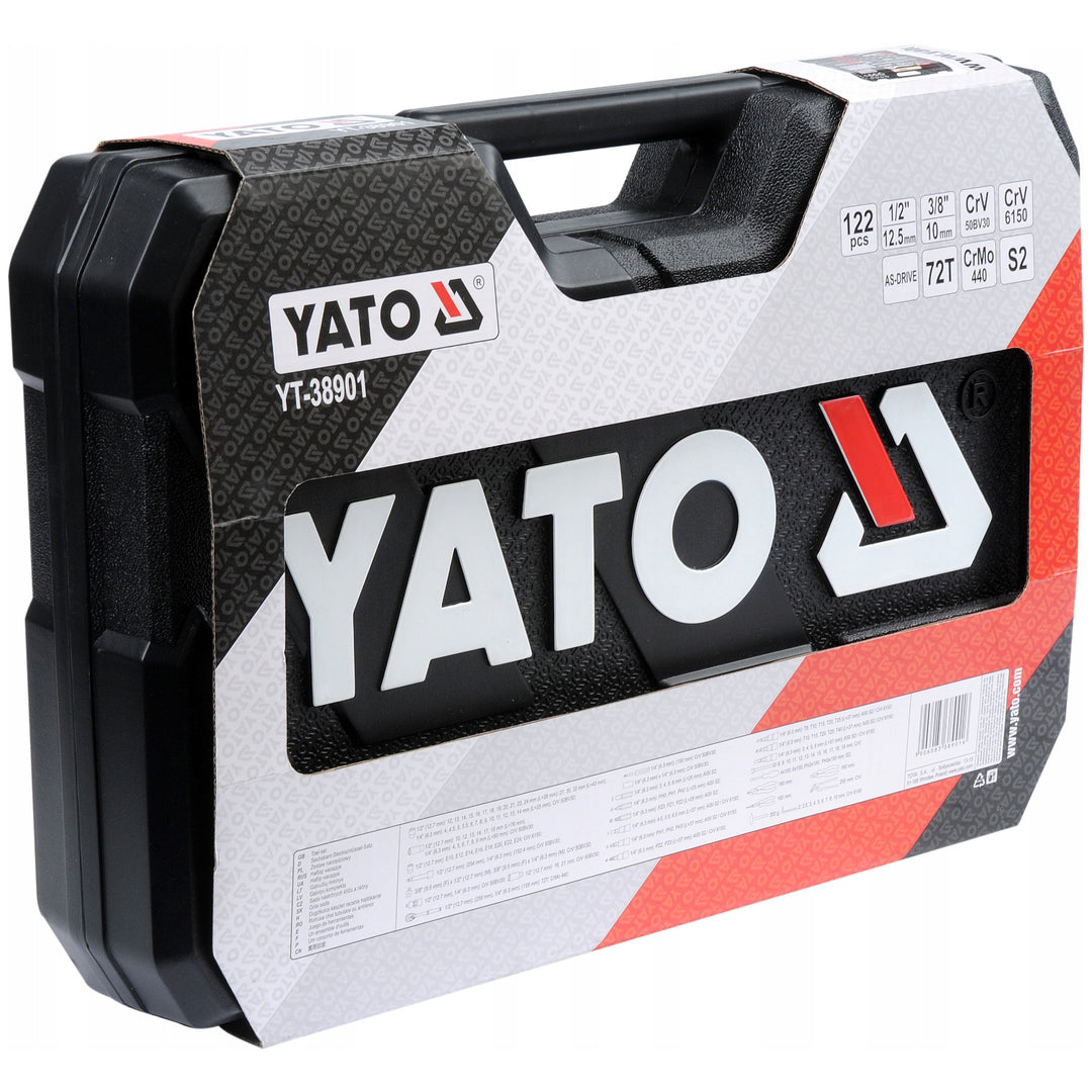 Yato Professional Tool Set, 122 pieces (socket wrenches, sockets, screwdrivers, hammer), screwdrivers with magnetic and hardened tips, YT-38901