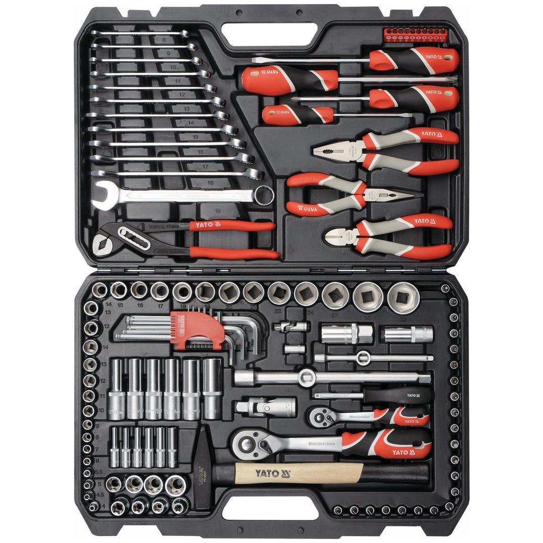 Yato Professional Tool Set, 122 pieces (socket wrenches, sockets, screwdrivers, hammer), screwdrivers with magnetic and hardened tips, YT-38901
