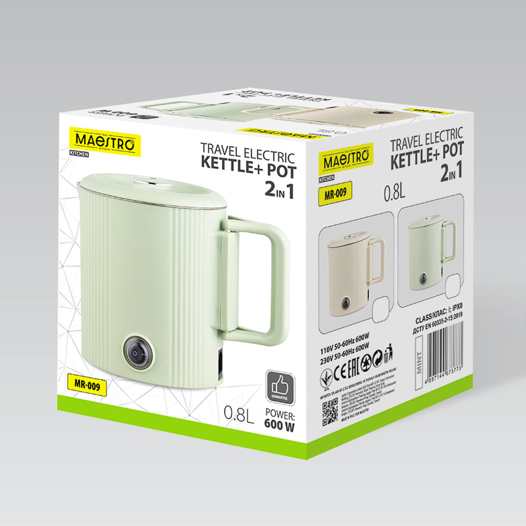 Maestro 2-in-1 Electric Kettle / Travel Pot, 0.8 L capacity, 600 W power, foldable handle, 110 V/230 V voltage selector switch, beige, MR-009-BEIGE