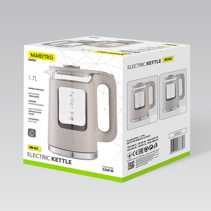 Maestro Glass Electric Kettle, 1.7L capacity, 2200W power, water level indicator, LED backlight, swivel base, gray, MR-065-GREY