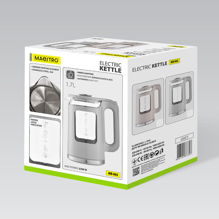 Maestro Glass Electric Kettle, 1.7L capacity, 2200W power, water level indicator, LED backlight, swivel base, gray, MR-065-GREY
