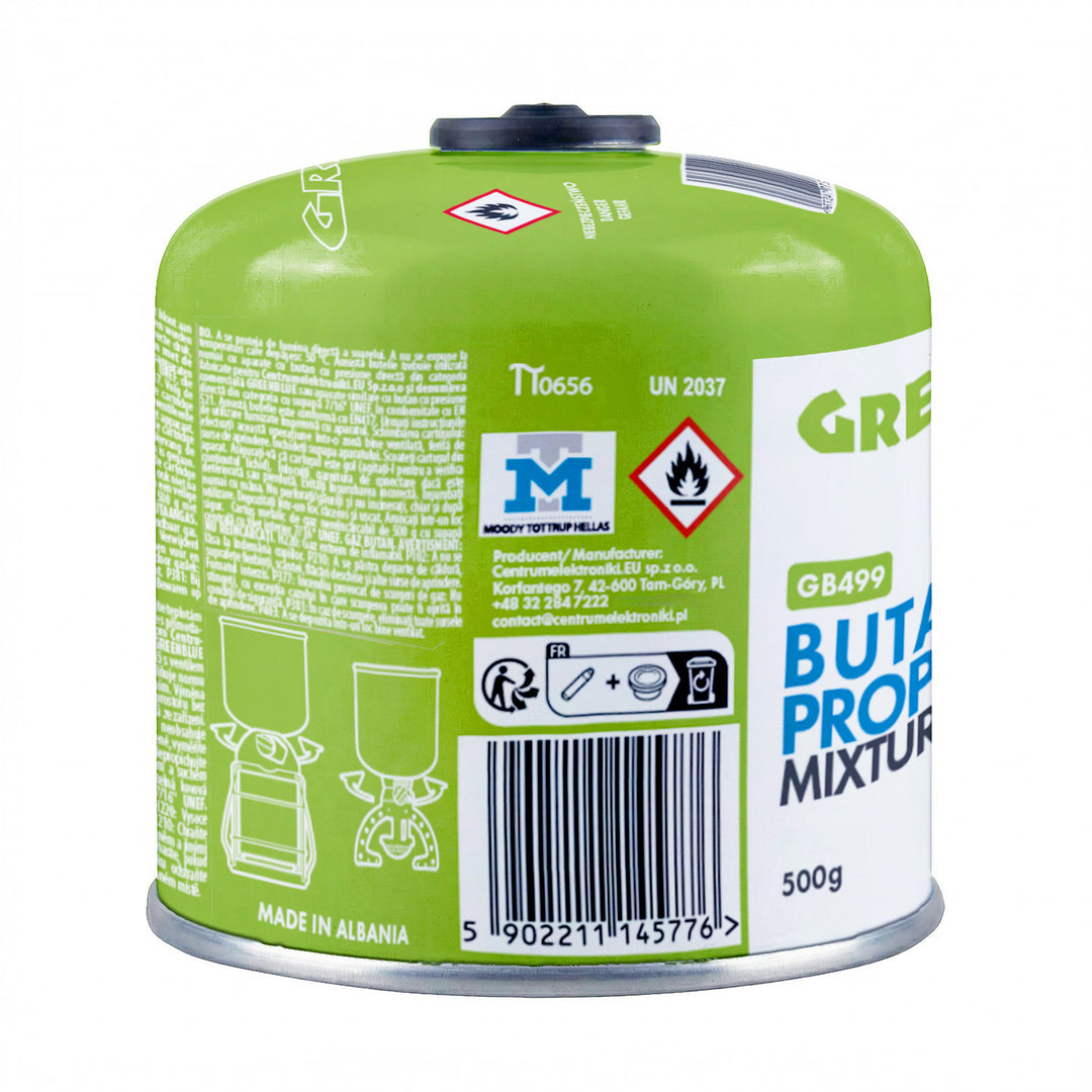 24 x 500g GreenBlue gas cartridges. Certification: Pi 0437, compliant with EN 417, butane-propane, operating temperature range: -10°C to +40°C, 7/16" threaded valve GB499