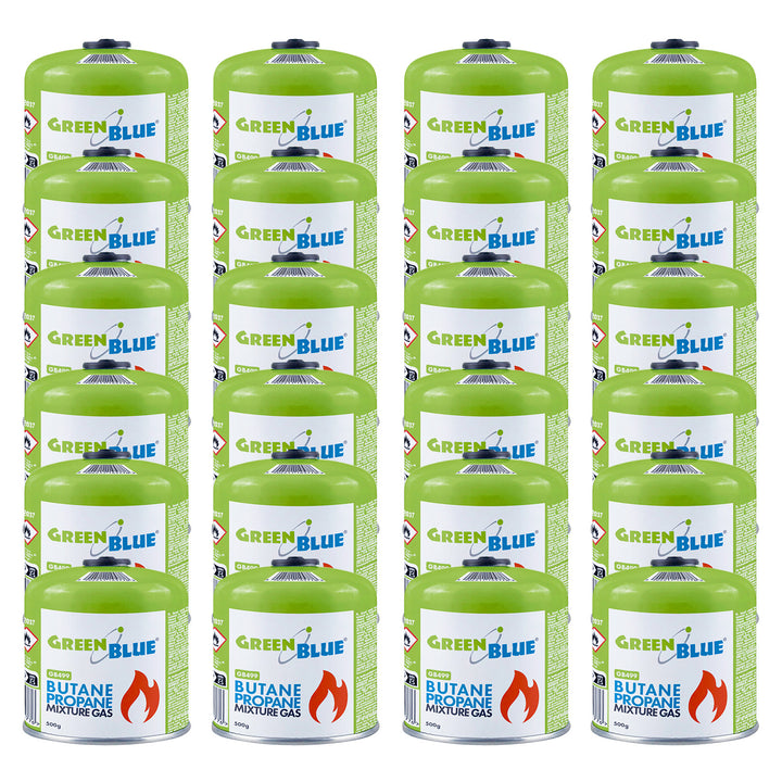 24 x 500g GreenBlue gas cartridges. Certification: Pi 0437, compliant with EN 417, butane-propane, operating temperature range: -10°C to +40°C, 7/16" threaded valve GB499
