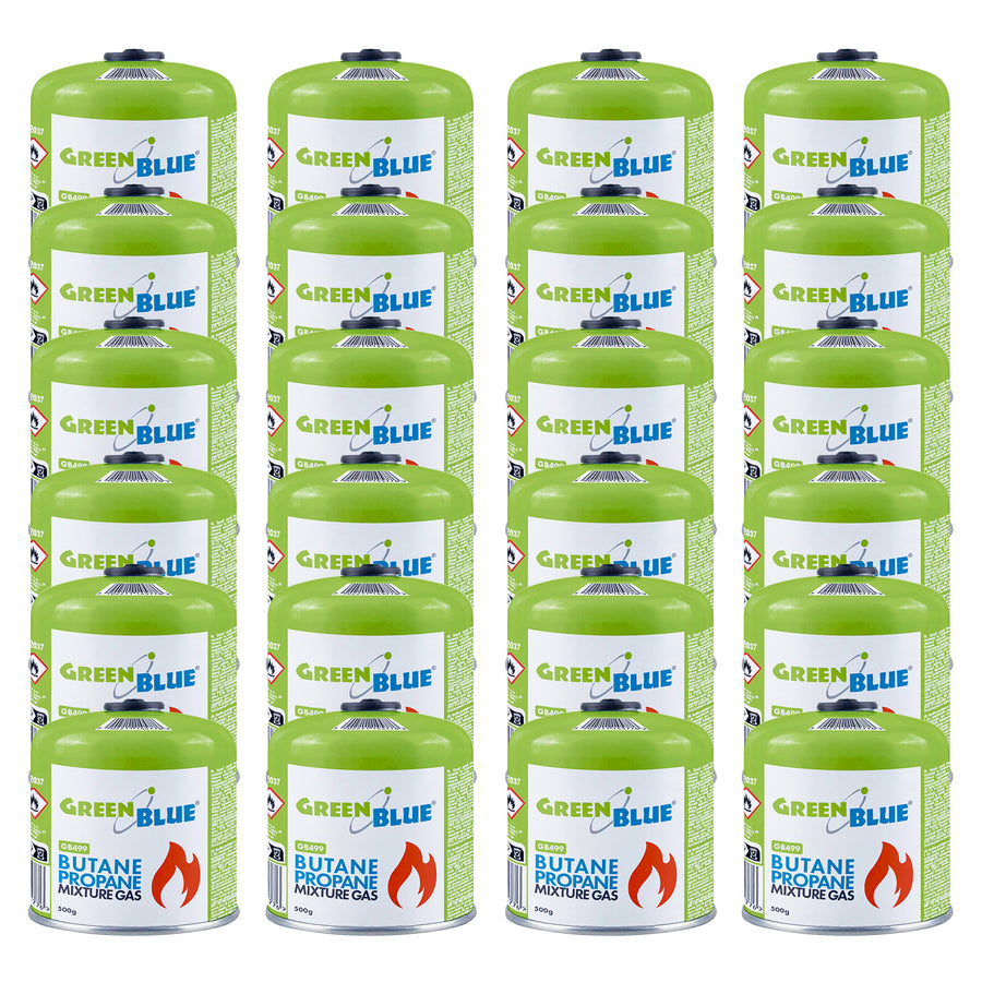 24 x 500g GreenBlue gas cartridges. Certification: Pi 0437, compliant with EN 417, butane-propane, operating temperature range: -10°C to +40°C, 7/16" threaded valve GB499