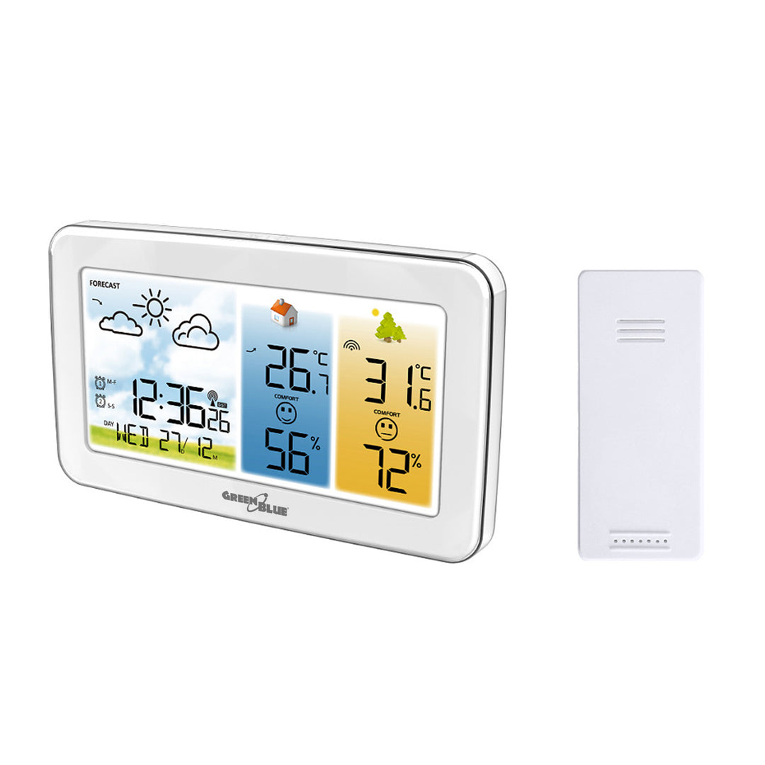 GreenBlue Wireless Weather Station, Indoor/Outdoor Temperature and Humidity, Clock/Alarm/Date, °C / °F, Range up to 60 m, GB442 W