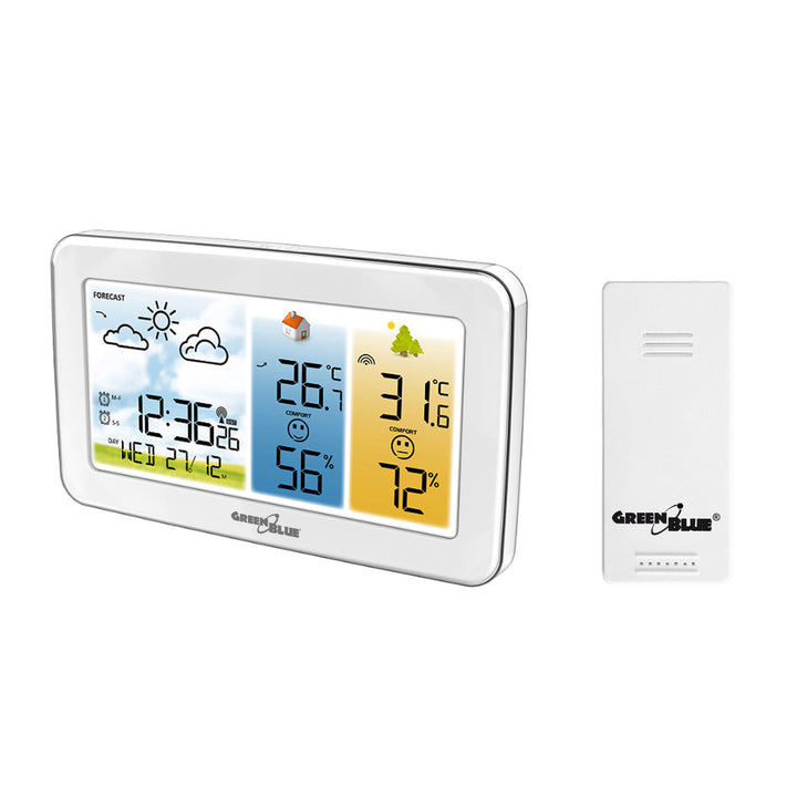GreenBlue Wireless Weather Station, Indoor/Outdoor Temperature and Humidity, Clock/Alarm/Date, °C / °F, Range up to 60 m, GB442 W