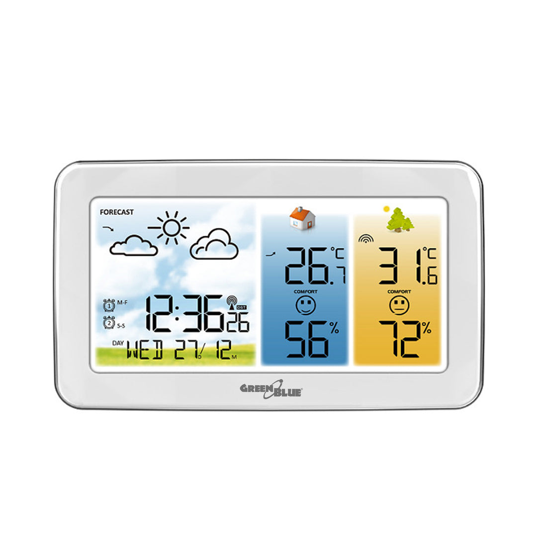 GreenBlue Wireless Weather Station, Indoor/Outdoor Temperature and Humidity, Clock/Alarm/Date, °C / °F, Range up to 60 m, GB442 W