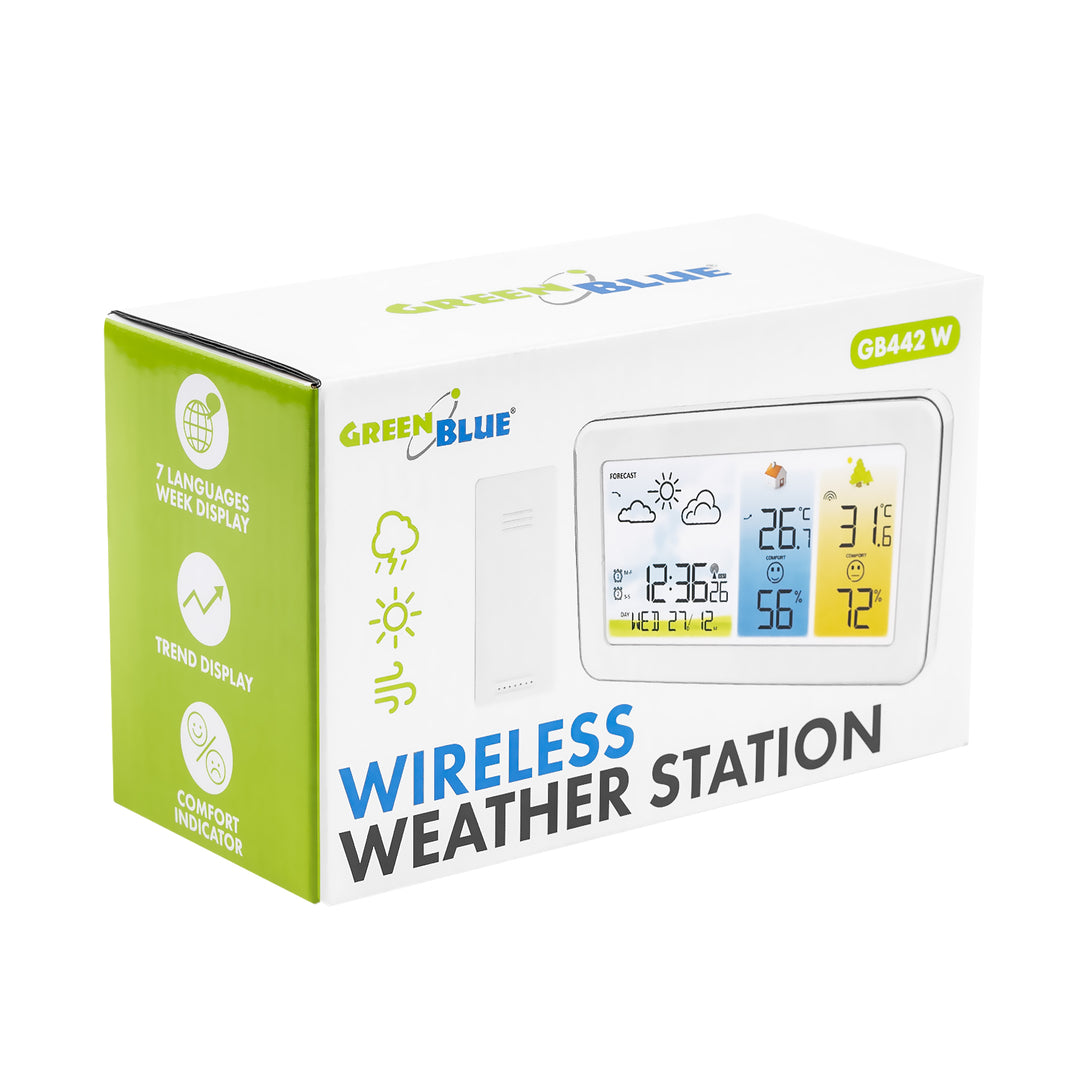 GreenBlue Wireless Weather Station, Indoor/Outdoor Temperature and Humidity, Clock/Alarm/Date, °C / °F, Range up to 60 m, GB442 W