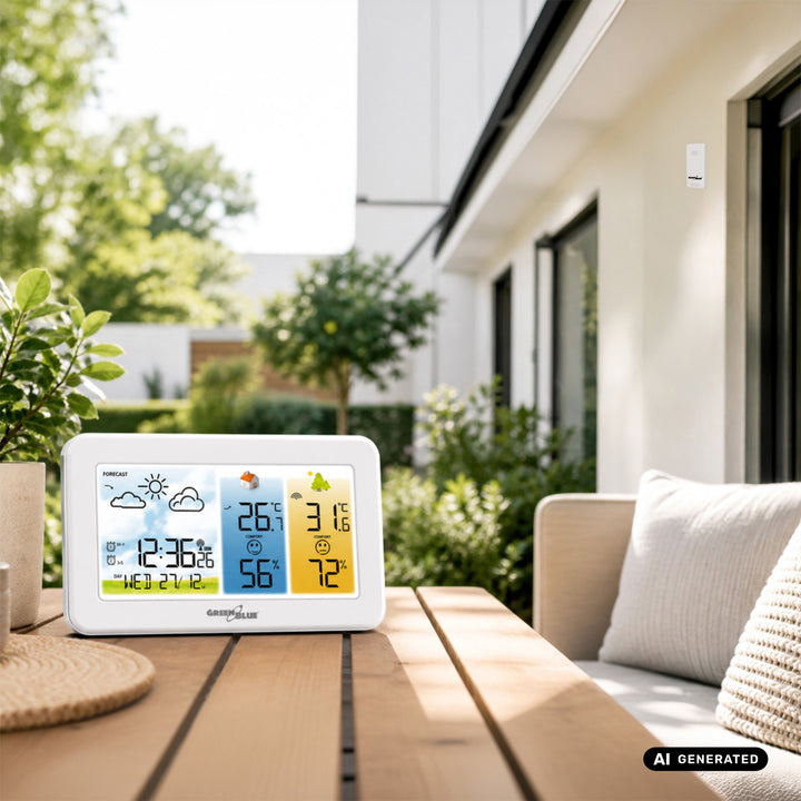 GreenBlue Wireless Weather Station, Indoor/Outdoor Temperature and Humidity, Clock/Alarm/Date, °C / °F, Range up to 60 m, GB442 W