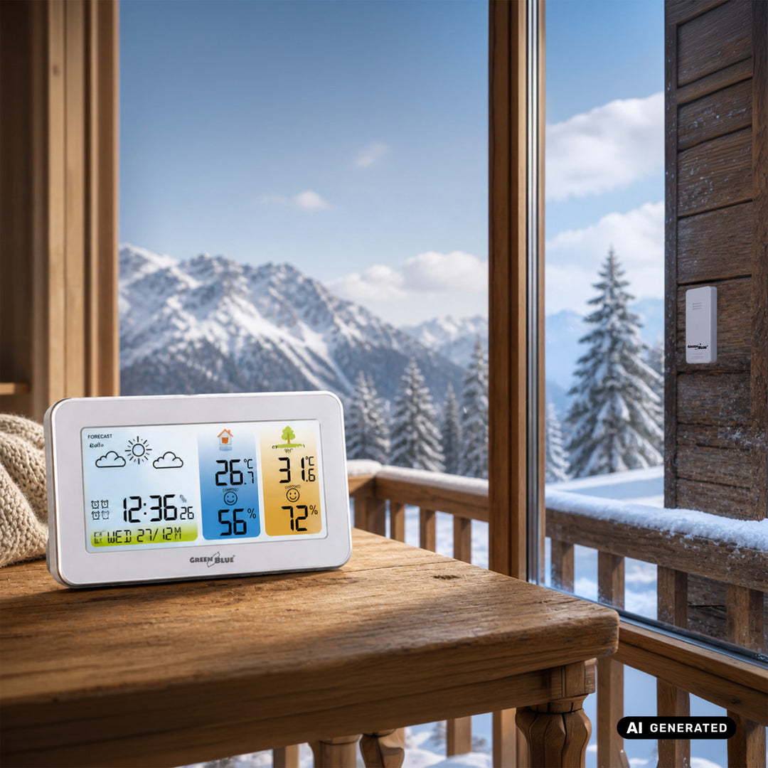 GreenBlue Wireless Weather Station, Indoor/Outdoor Temperature and Humidity, Clock/Alarm/Date, °C / °F, Range up to 60 m, GB442 W