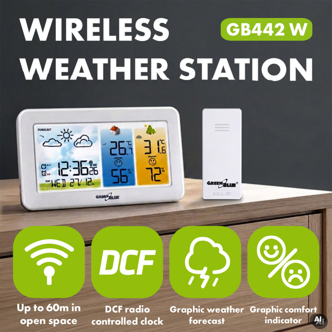 GreenBlue Wireless Weather Station, Indoor/Outdoor Temperature and Humidity, Clock/Alarm/Date, °C / °F, Range up to 60 m, GB442 W