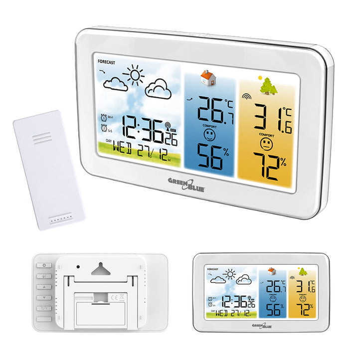 GreenBlue Wireless Weather Station, Indoor/Outdoor Temperature and Humidity, Clock/Alarm/Date, °C / °F, Range up to 60 m, GB442 W