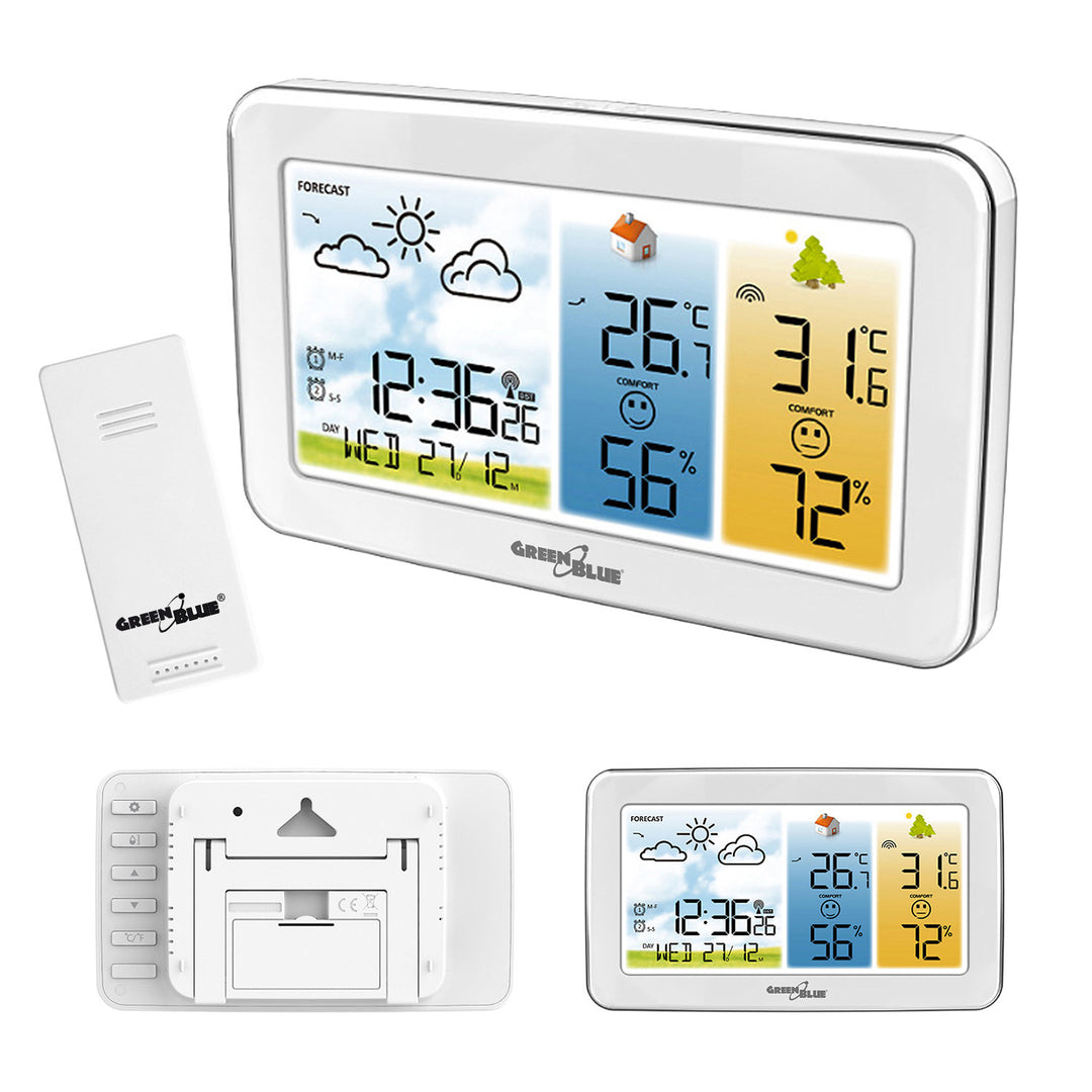 GreenBlue Wireless Weather Station, Indoor/Outdoor Temperature and Humidity, Clock/Alarm/Date, °C / °F, Range up to 60 m, GB442 W