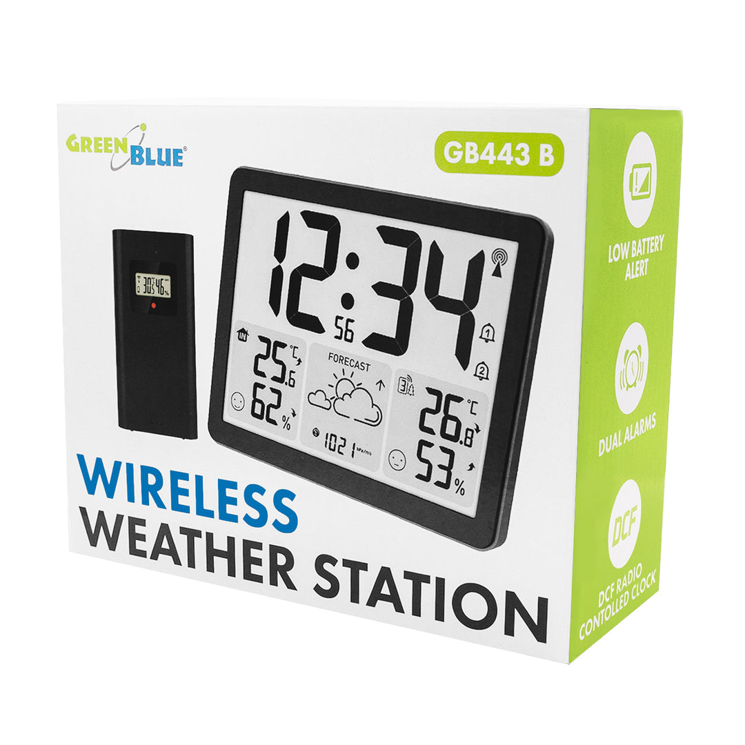 GreenBlue Wireless Weather Station, Indoor/Outdoor Temperature and Humidity, Clock/Alarm/Date, °C / °F, Range up to 60 m, GB443 B