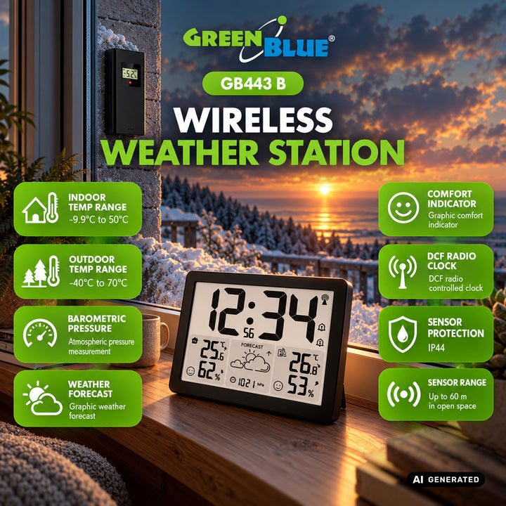 GreenBlue Wireless Weather Station, Indoor/Outdoor Temperature and Humidity, Clock/Alarm/Date, °C / °F, Range up to 60 m, GB443 B