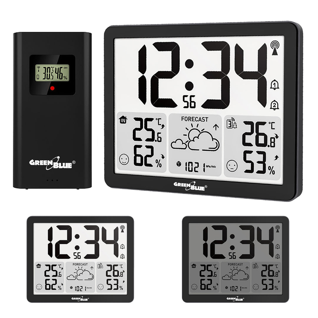 GreenBlue Wireless Weather Station, Indoor/Outdoor Temperature and Humidity, Clock/Alarm/Date, °C / °F, Range up to 60 m, GB443 B