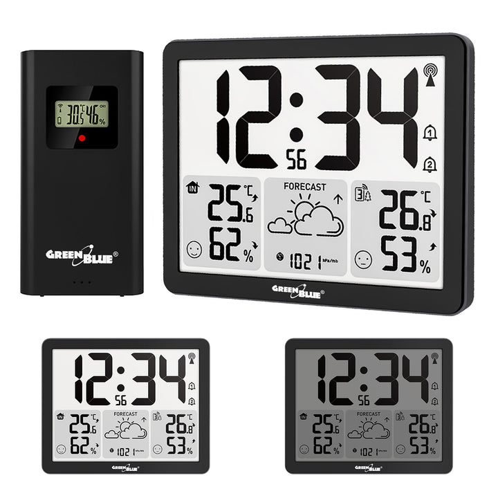 GreenBlue Wireless Weather Station, Indoor/Outdoor Temperature and Humidity, Clock/Alarm/Date, °C / °F, Range up to 60 m, GB443 B