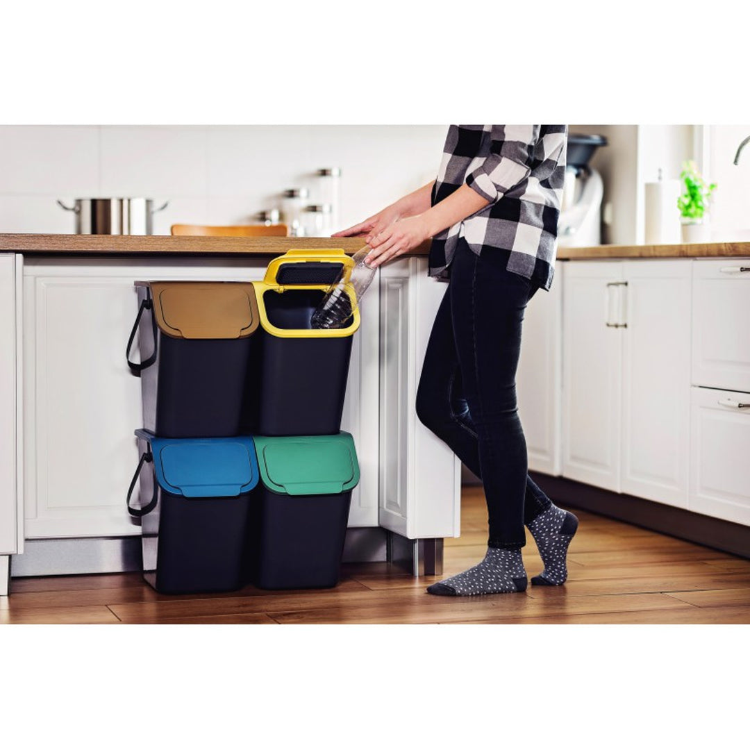 Set of 4 black BINI recycling bins with colored lids (yellow/green/blu ...
