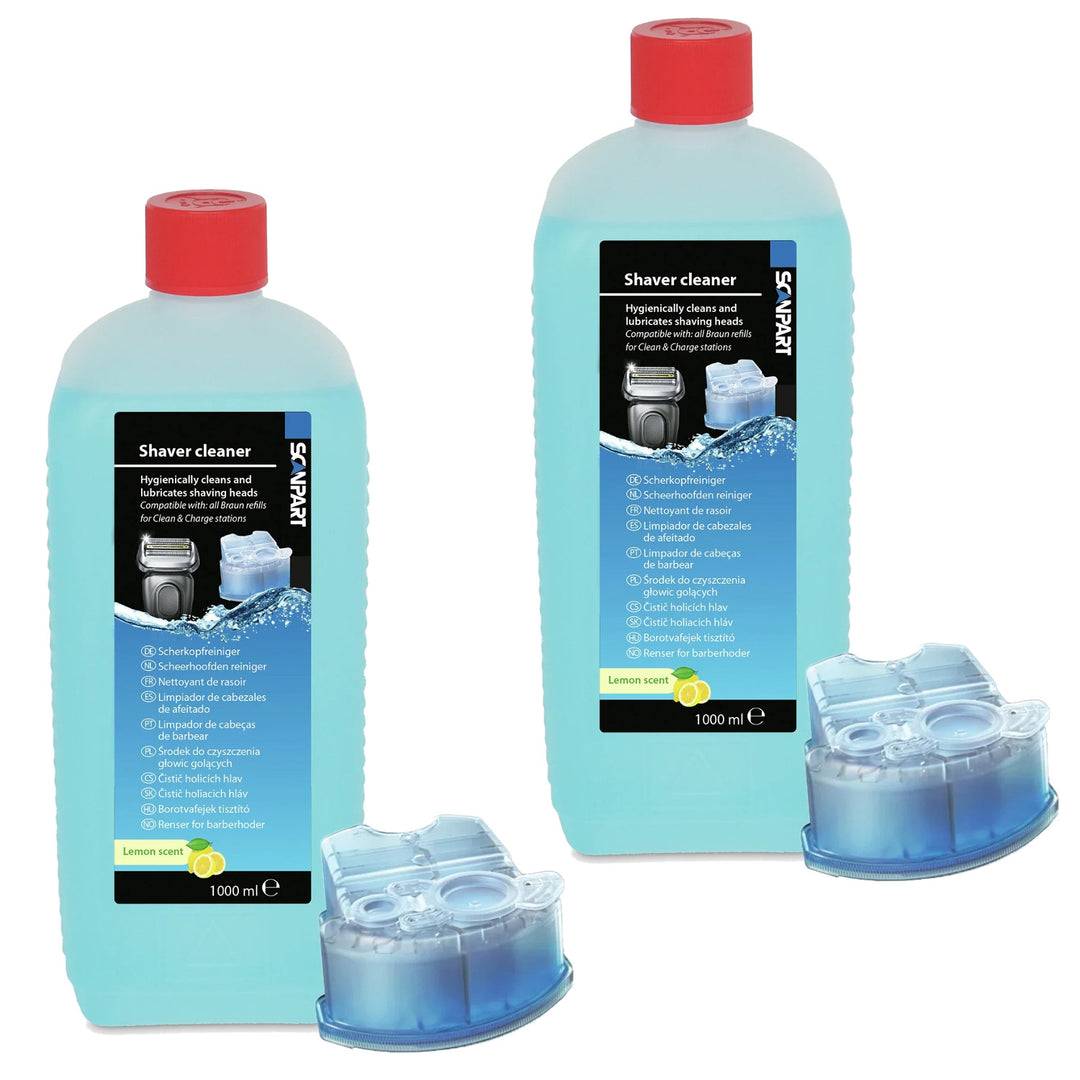 Braun Shaving Head Cleaner (Lemon Scent), 1 Liter, plus Refill Cartridges (2-Pack)