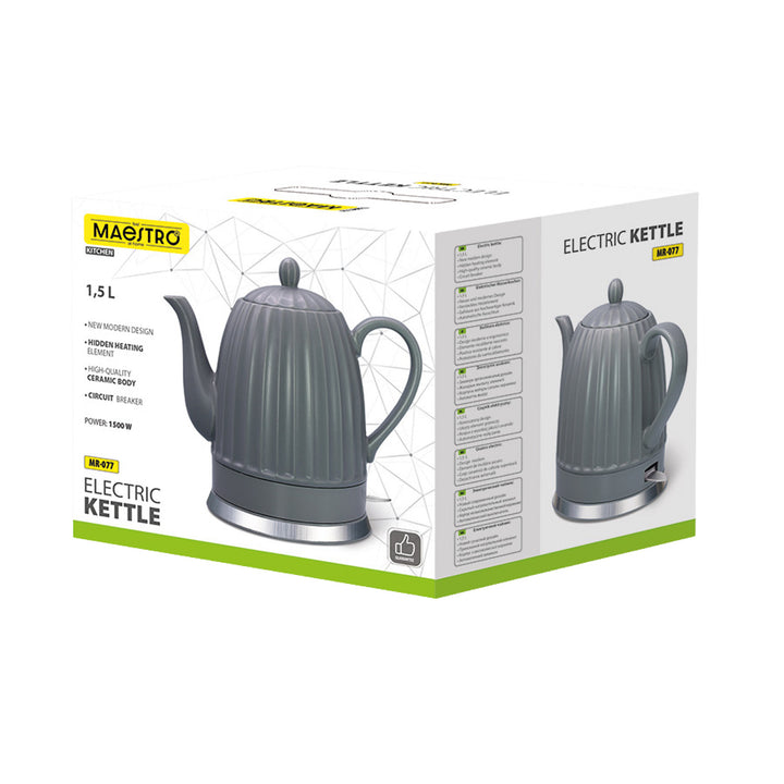 Maestro Ceramic Electric Kettle, gray, 1500W, 1.5L capacity, swivel base, water level indicator, 65cm power cord, MR-077