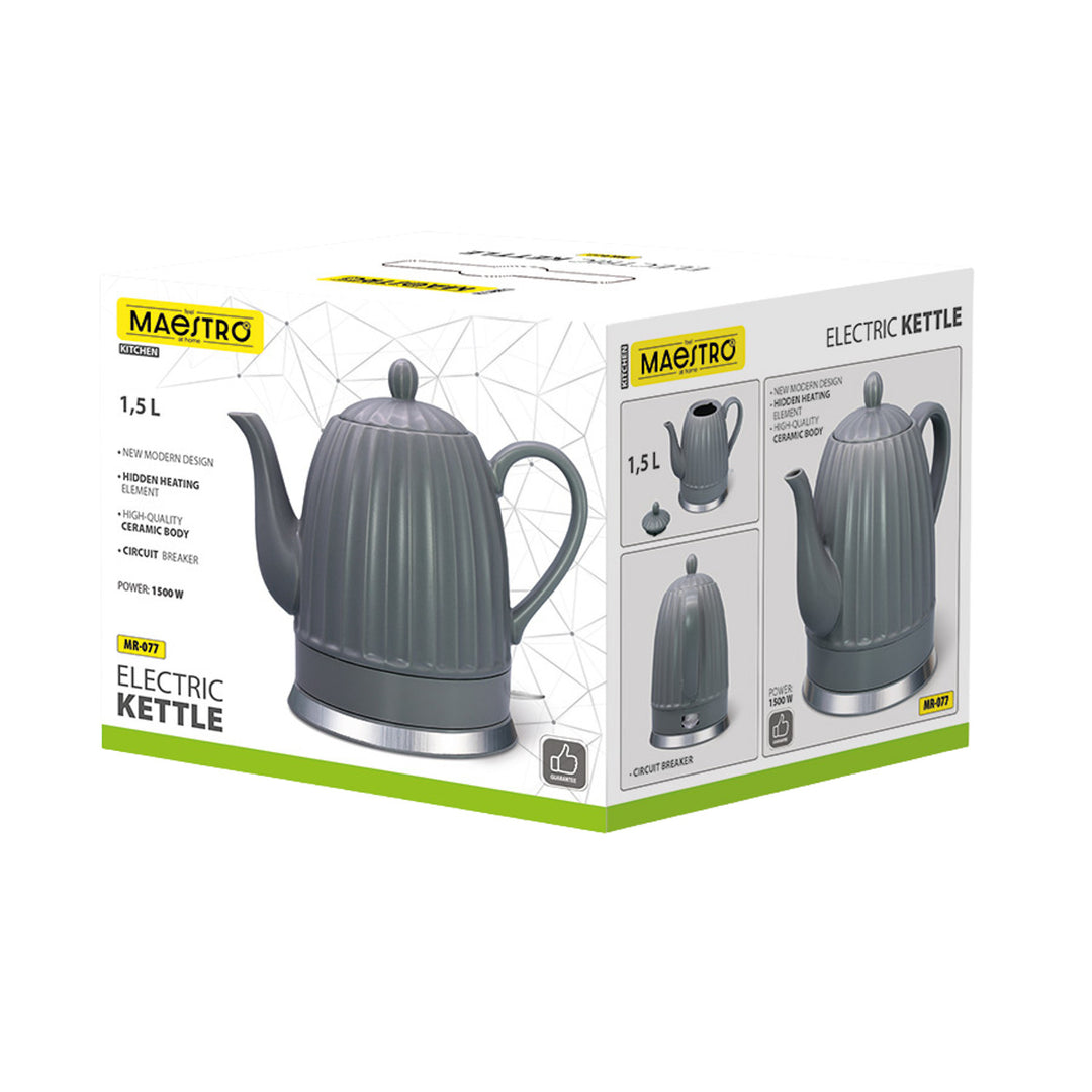 Maestro Ceramic Electric Kettle, gray, 1500W, 1.5L capacity, swivel base, water level indicator, 65cm power cord, MR-077