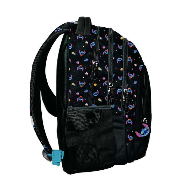 Stitch Paso School Set, backpack with three compartments, a laptop sleeve, and a reinforced bottom; pencil case with elastic loops for supplies; shoe bag that can be worn on the back; DS26MM