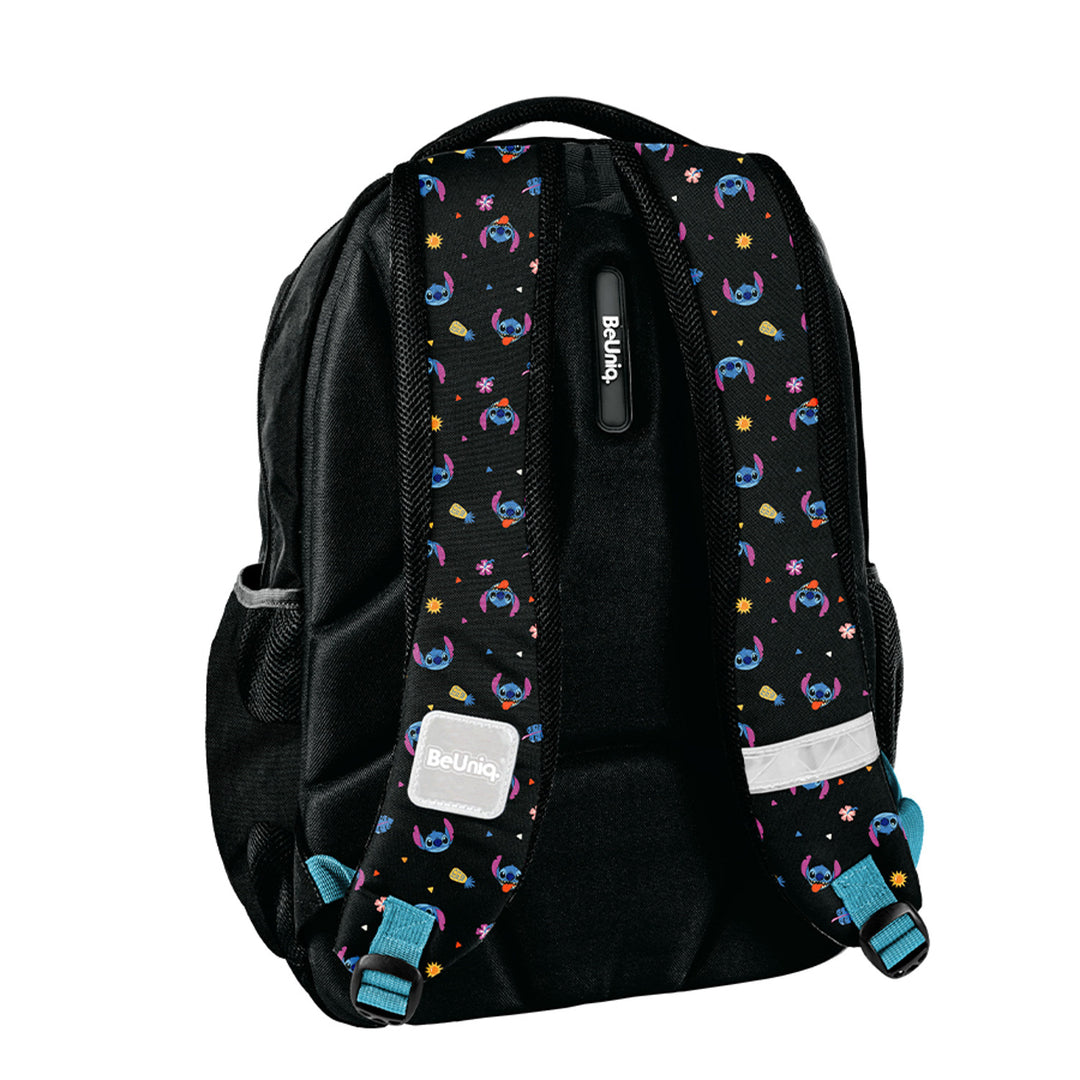 Stitch Paso School Set, backpack with three compartments, a laptop sleeve, and a reinforced bottom; pencil case with elastic loops for supplies; shoe bag that can be worn on the back; DS26MM
