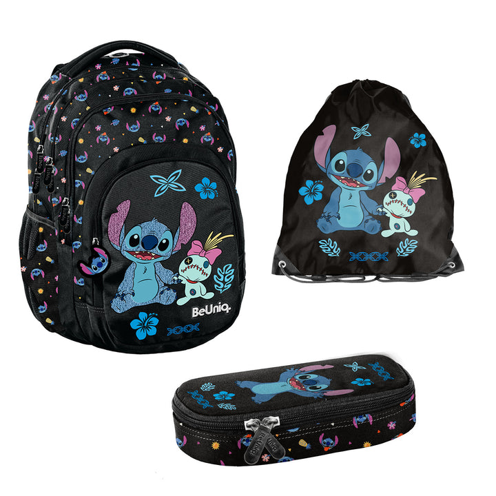 Stitch Paso School Set, backpack with three compartments, a laptop sleeve, and a reinforced bottom; pencil case with elastic loops for supplies; shoe bag that can be worn on the back; DS26MM
