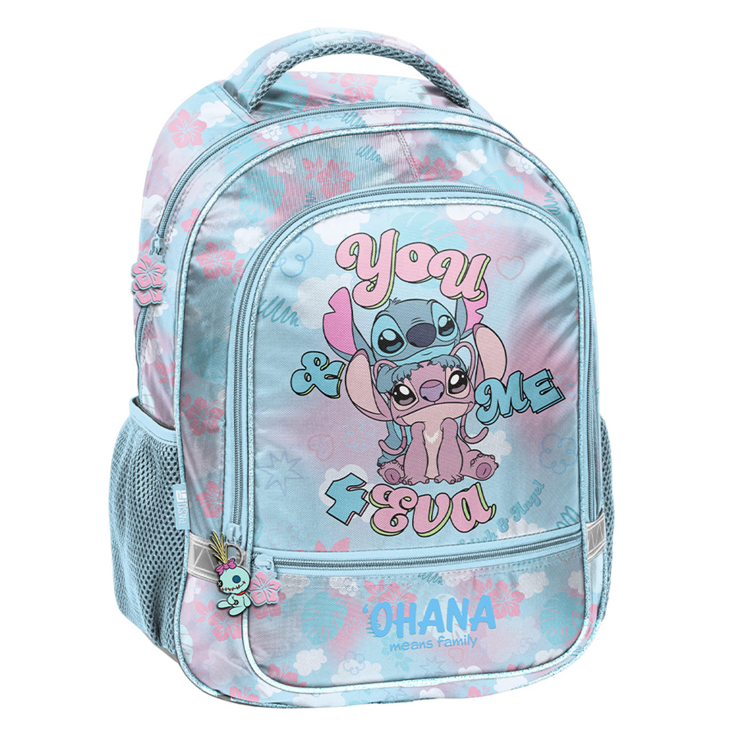 Stitch Paso School Set, backpack with two compartments, reflective elements, and a padded back panel; pencil case (empty) with loops for stationery; shoe bag that can be worn on the back, DS26WW