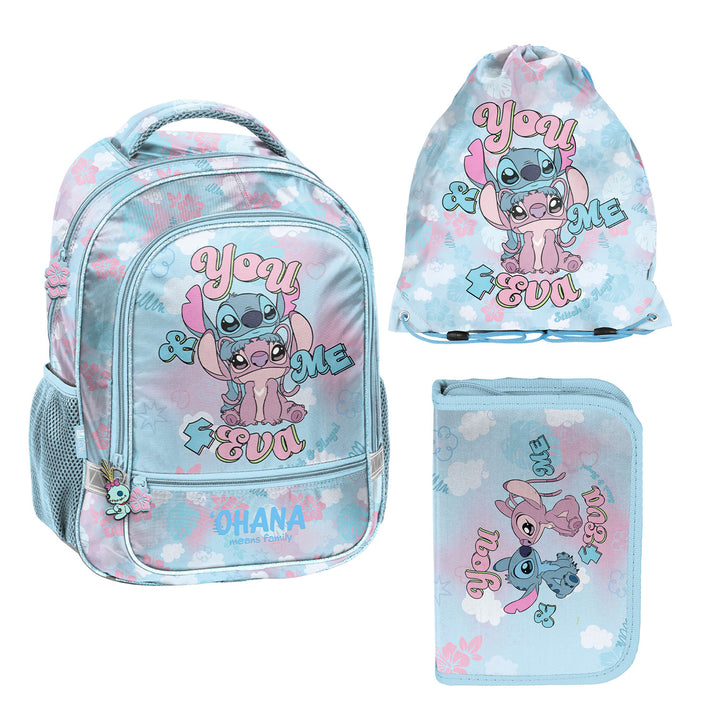 Stitch Paso School Set, backpack with two compartments, reflective elements, and a padded back panel; pencil case (empty) with loops for stationery; shoe bag that can be worn on the back, DS26WW